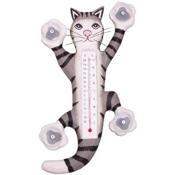 Bobbo Climbing Grey Tabby Cat Window Thermometer