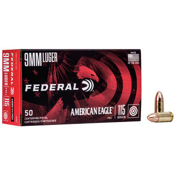 Federal American Eagle 9mm Luger 115 Grain FMJ Handgun Ammo (50)