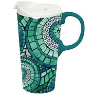 Evergreen Green Mosaic Ceramic Travel Cup w/ Lid