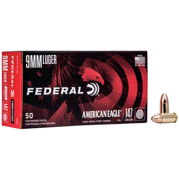 Federal American Eagle Indoor Range Training 9mm Luger 147 Grain FMJ Handgun Ammo (50)