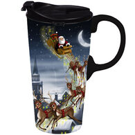 Evergreen Santa and Reindeer Ceramic Travel Cup w/ Lid
