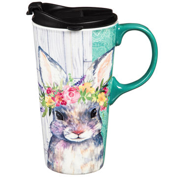 Evergreen Bunny with Flower Halo Ceramic Travel Cup w/ Lid