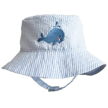 Huggalugs Infant Boys Whale Blue Seersucker UPF 25+ Bucket Hat