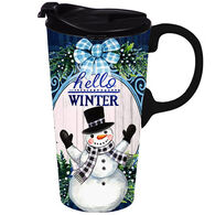 Evergreen Hello Winter Snowman Ceramic Travel Cup w/ Lid