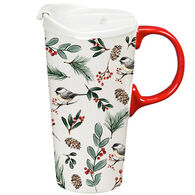 Evergreen Snowbirds with Branches Ceramic Travel Cup w/ Lid