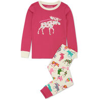 Hatley Toddler Girl's Little Blue House Patterned Moose Applique Long-Sleeve Pajama Set, 2-Piece