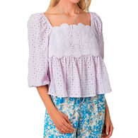 Mystree Women's Crochet Lace Puff Sleeve Top