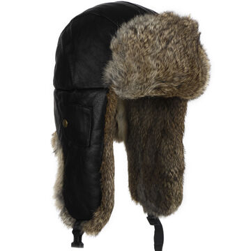 Mad Bomber Mens Leather Bomber Hat with Brown Rabbit Fur Trim