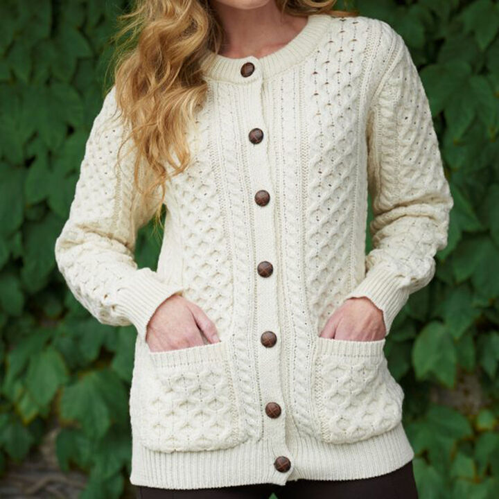 Aran Crafts Women's Traditional Irish Buttoned Knitted Lumber Cardigan ...