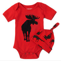 Hatley Infant Little Blue House Moose On Red Baby Bodysuit with Hat