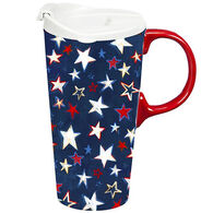 Evergreen Red, White, and Blue Stars Ceramic Travel Cup w/ Lid