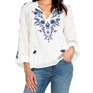 Johnny Was Womens Romona Embroidery Long-Sleeve Peasant Top