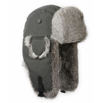 Mad Bomber Mens Canvas Bomber Hat with Grey Rabbit Fur Trim
