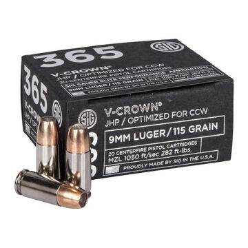 SIG Sauer 365 Elite 9mm 115 Grain V-Crown JHP Pistol Ammo (20)
